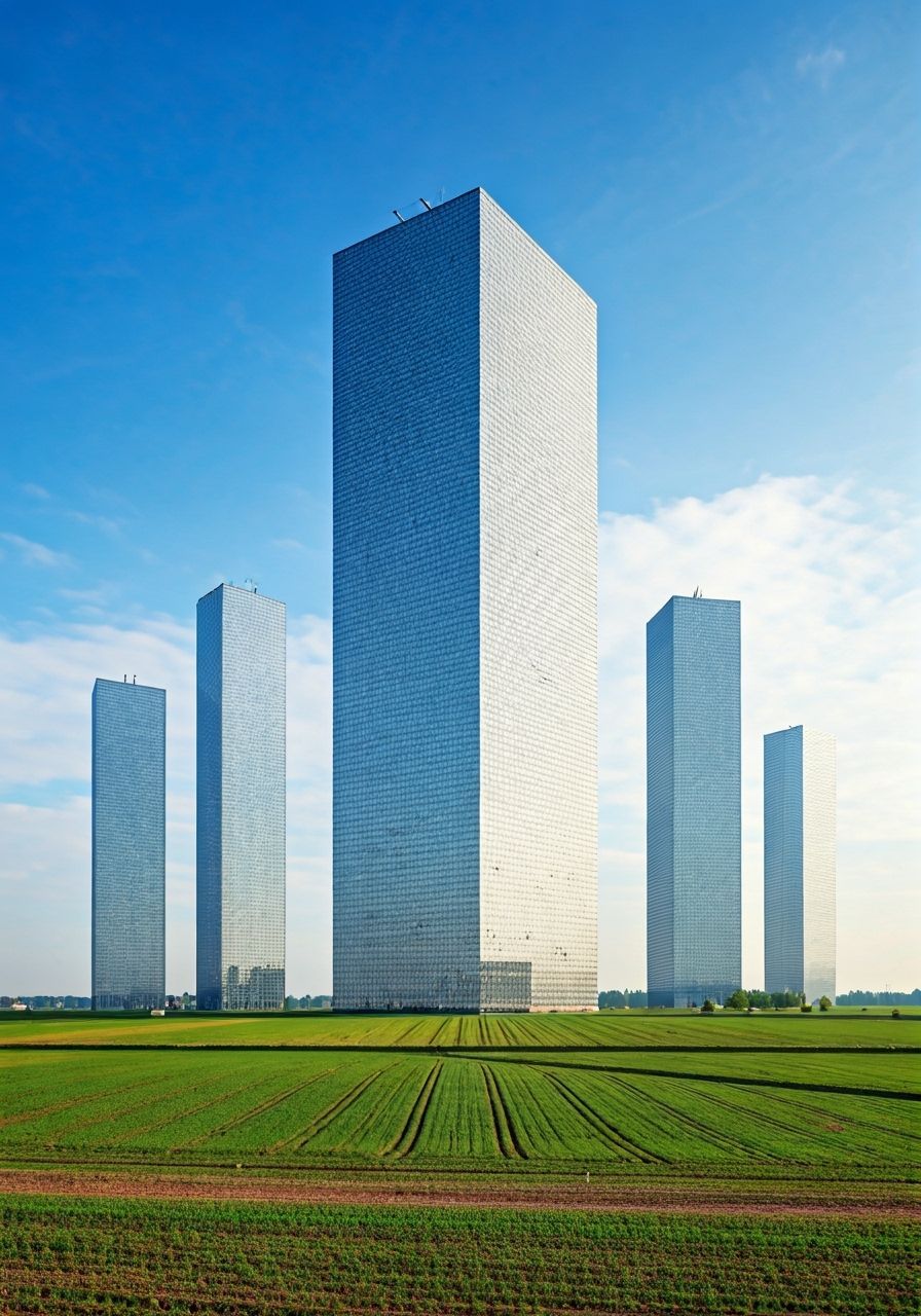 Futuristic Silver Tower Amidst Green Farmland