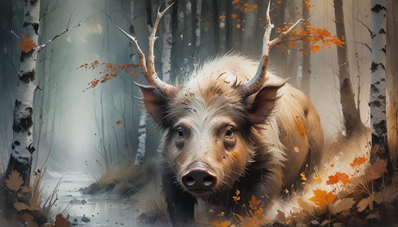 Fog Becomes Boar: Watercolor Fusion in Birch Woods