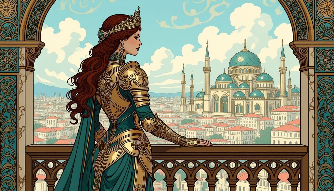Queen in Art Nouveau Armor Overlooking Steampunk City
