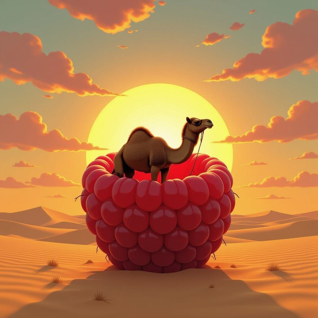 Surreal Camel in Giant Raspberry at Golden Hour Sunset