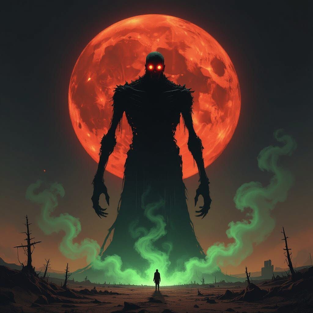 Tall Skeletal Creature Under Blood Moon in Wasteland