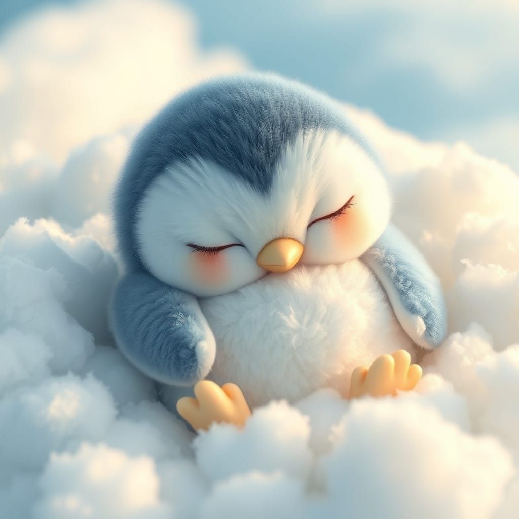 Whimsical Cloud Penguin in Dreamy Landscape