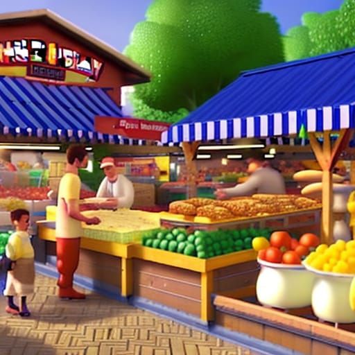 Lively Farm Market Scene in Gouache Watercolor Style