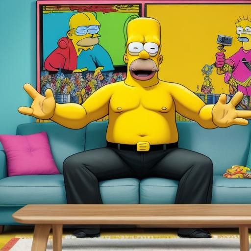 Homer Simpson in Chaotic Living Room: Cartoon Art