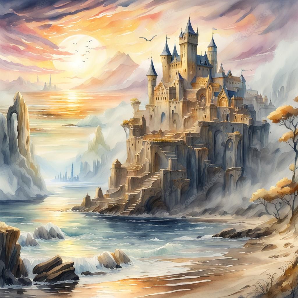 Medieval Seashore with Mythical Creatures in Watercolor