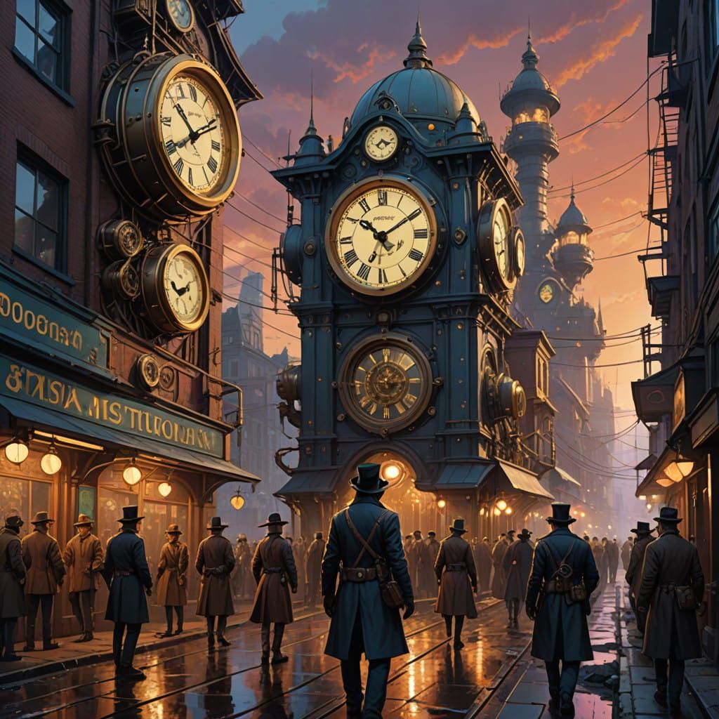 Steampunk Metropolis at Dusk with Colossal Clock Tower