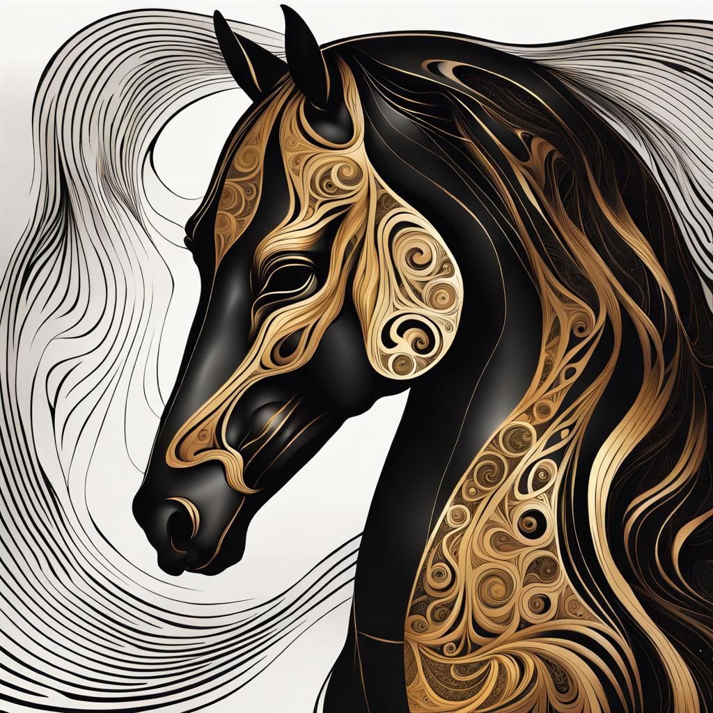 Neo-Primitivism Horse in Black and Gold Line Art