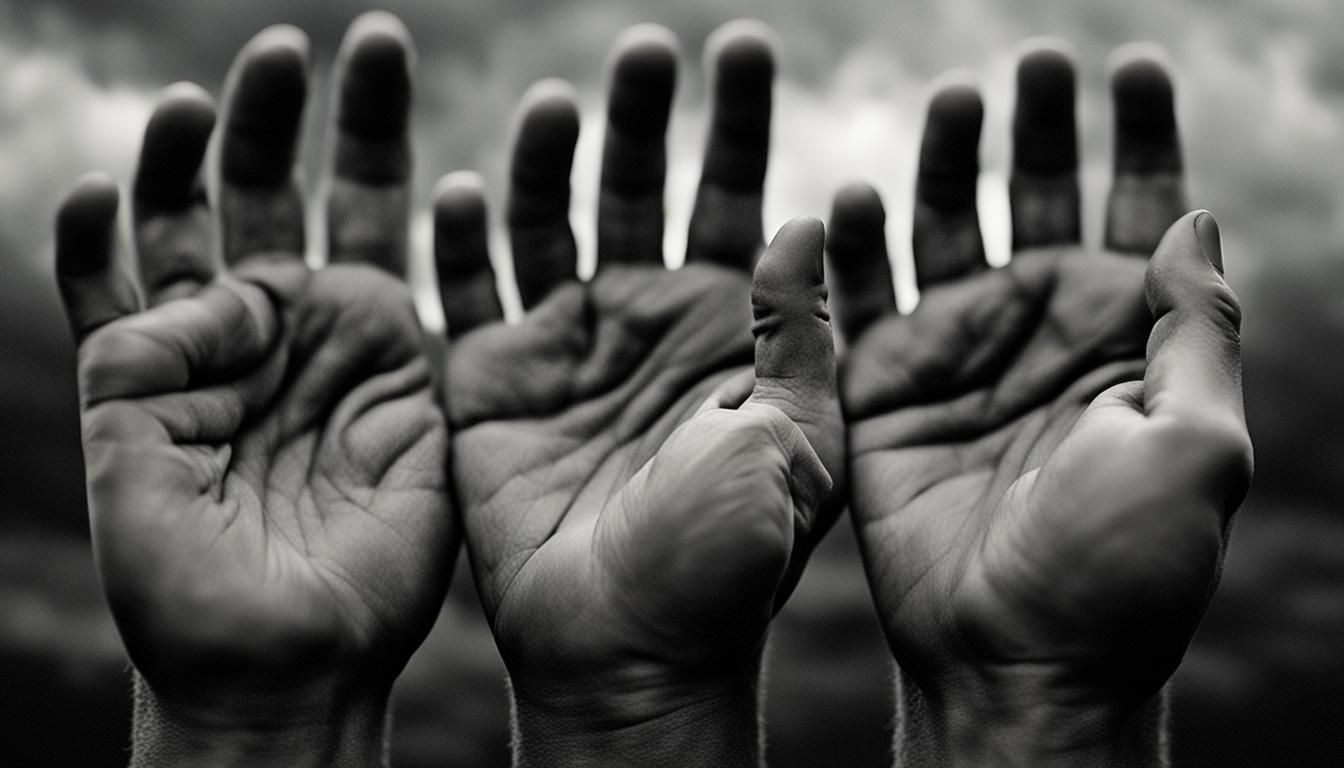 Tense Hands Reach Out into the Dark Stormy Skies
