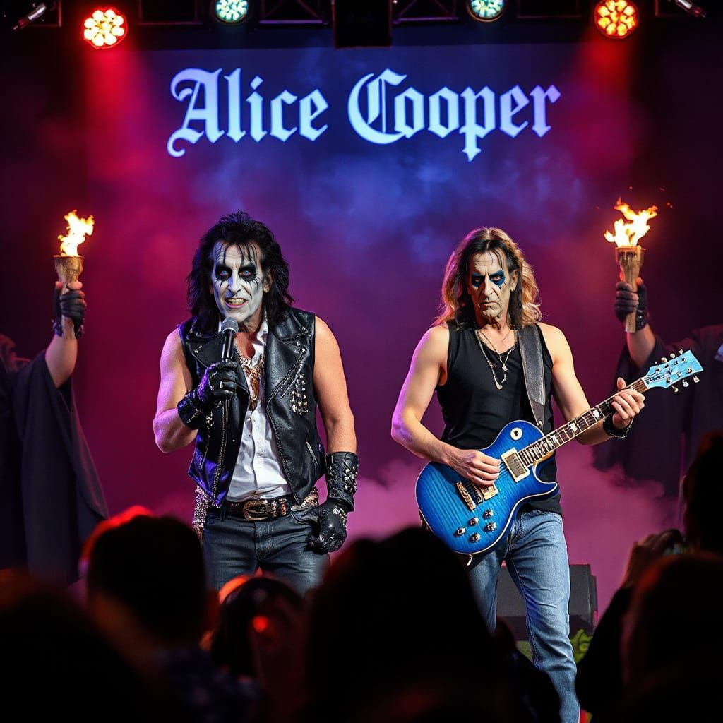 Rock Icon and Guitarist in a Dark Concert Scene