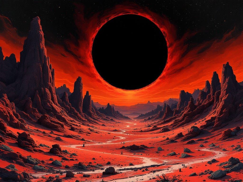 Mysterious, Alien Black Sun in Crimson-Hued Landscape