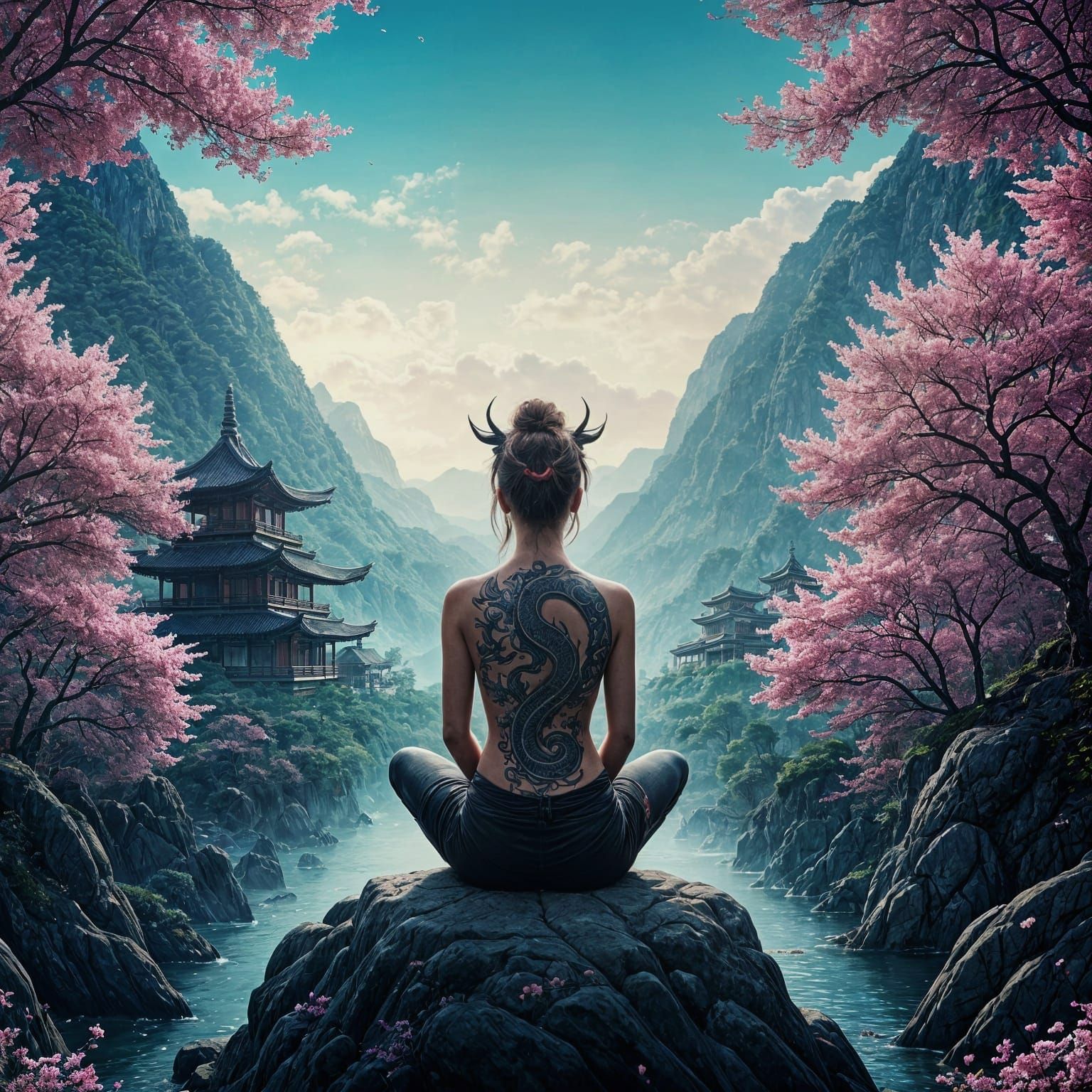 Dragon Tamer Meditating in Surreal Landscape