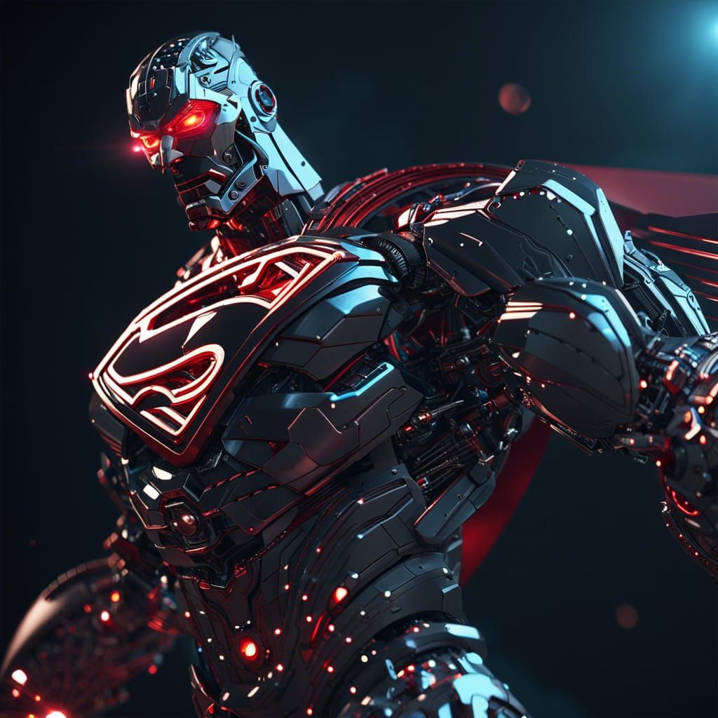 Metallic Superman Floating in Universe: Sci-Fi Rendering