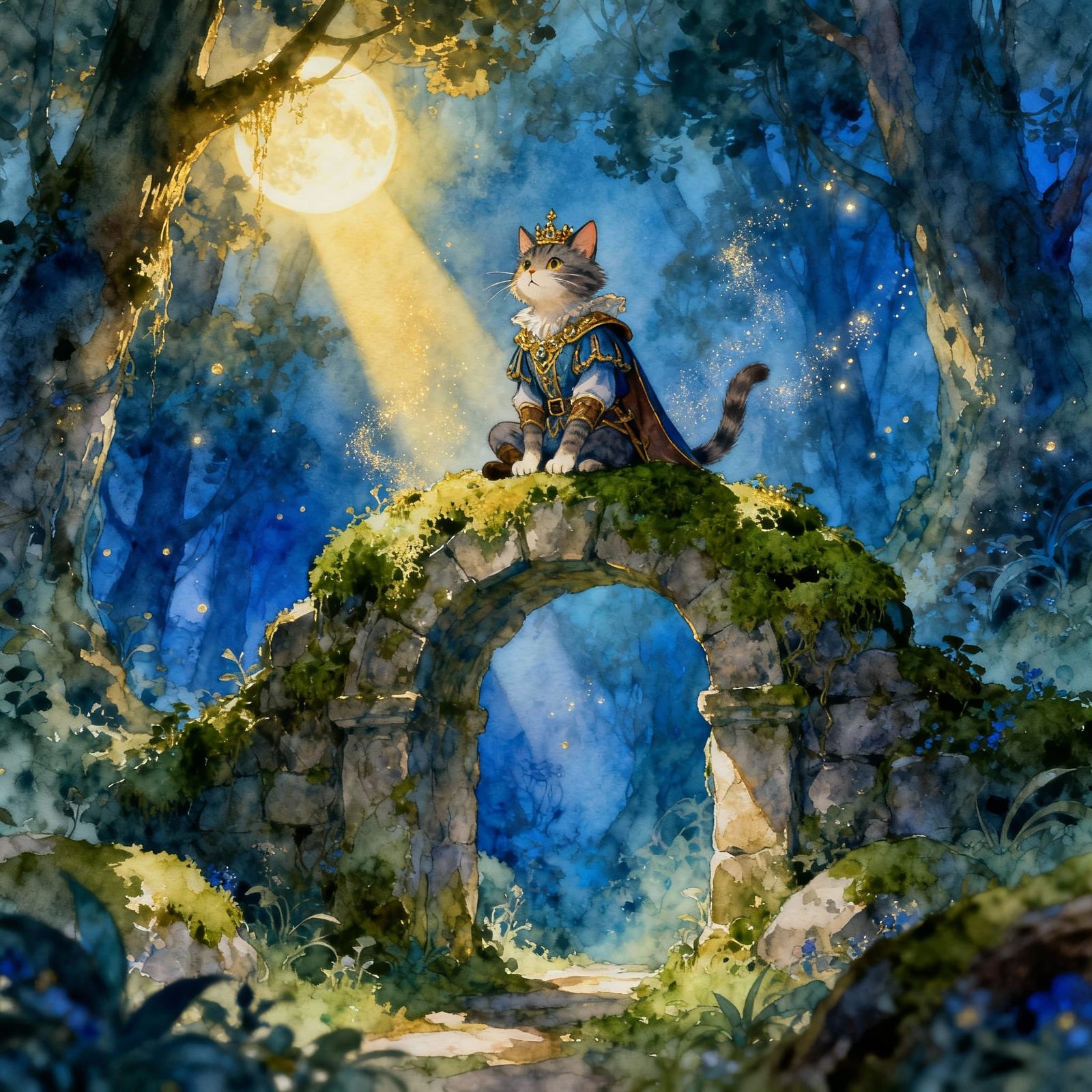 Anthropomorphic Cat Adventurer on Ancient Archway