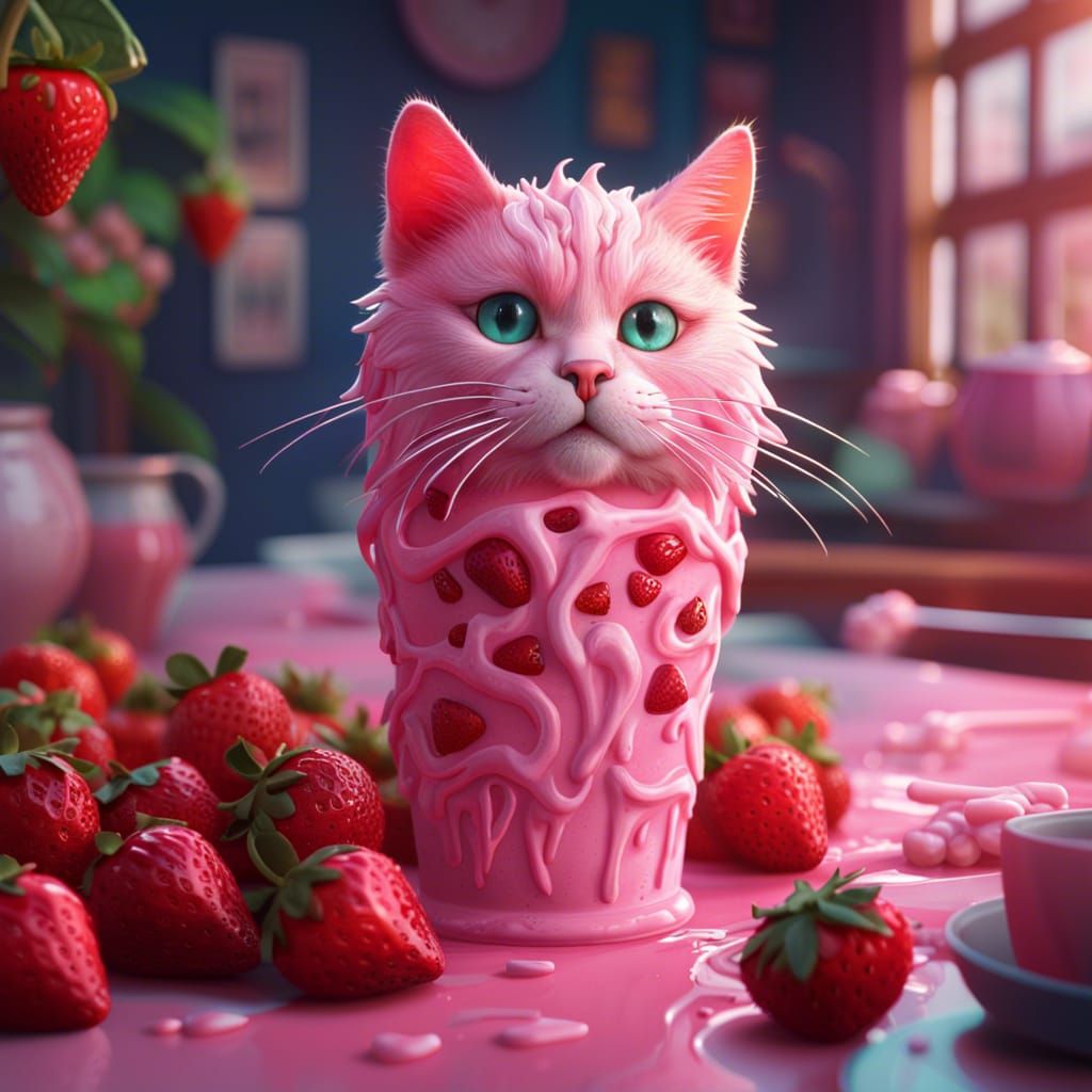 Strawberry Milkshake Cat in Detailed Digital Art