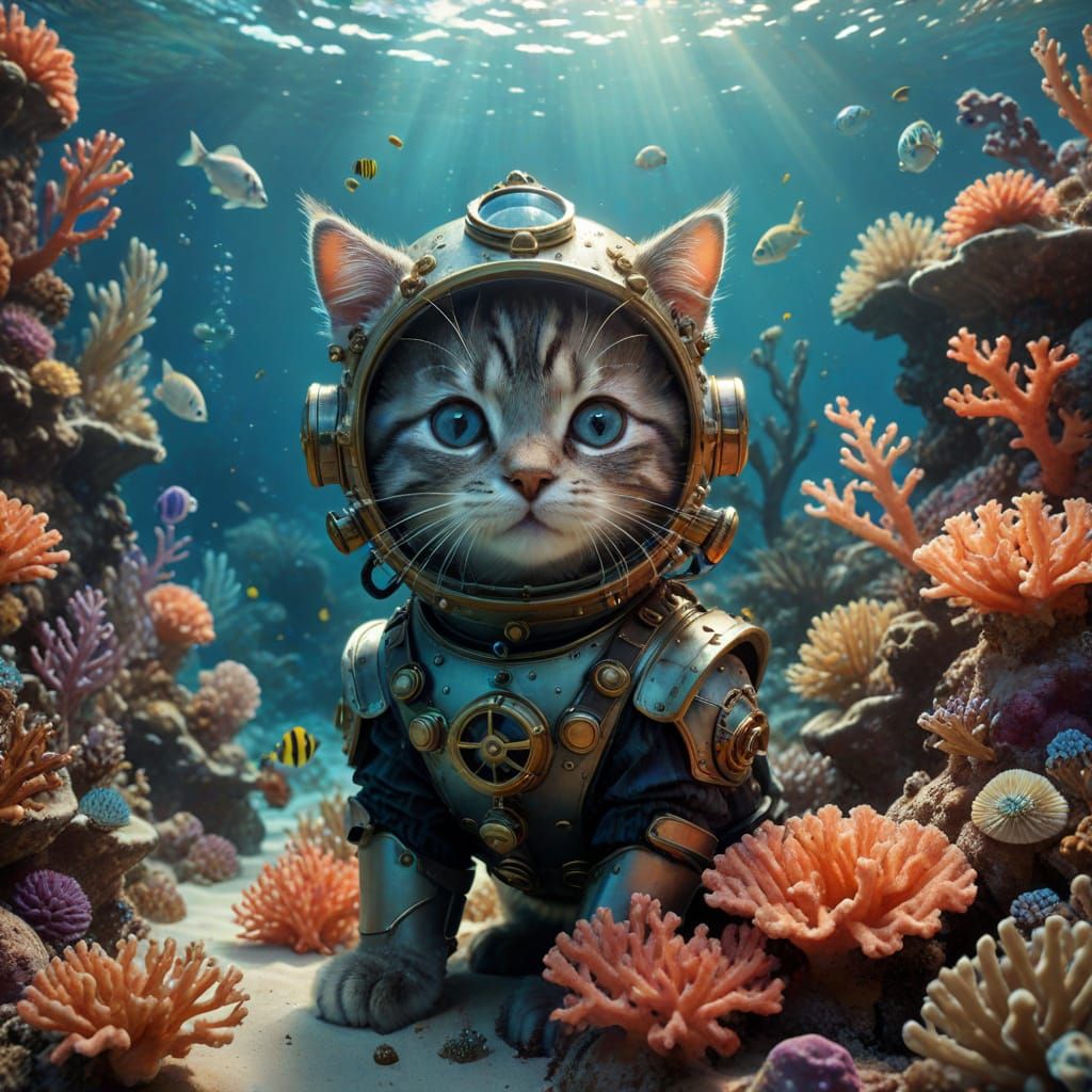 Whimsical Kitten Explorer in Bioluminescent Coral Reef
