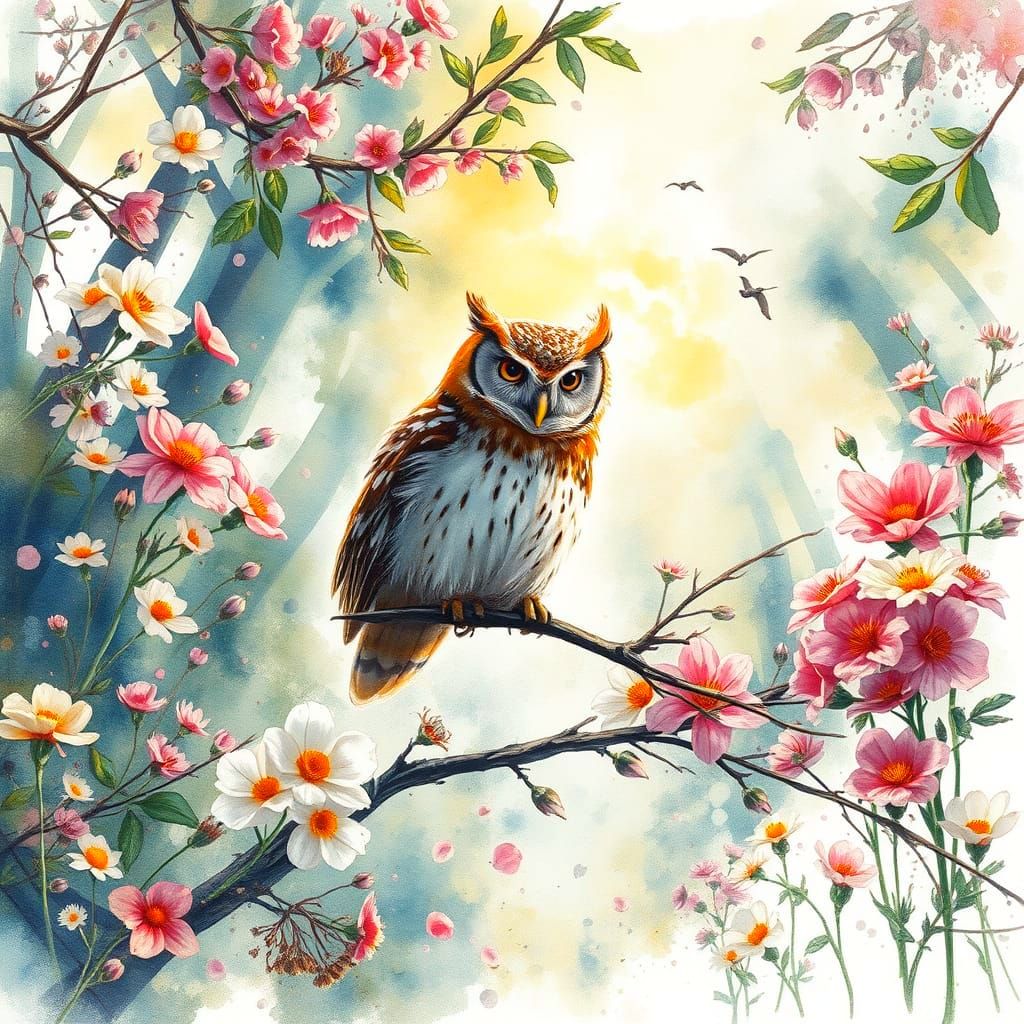 Playful Owl in Sunlit Forest with Wildflowers