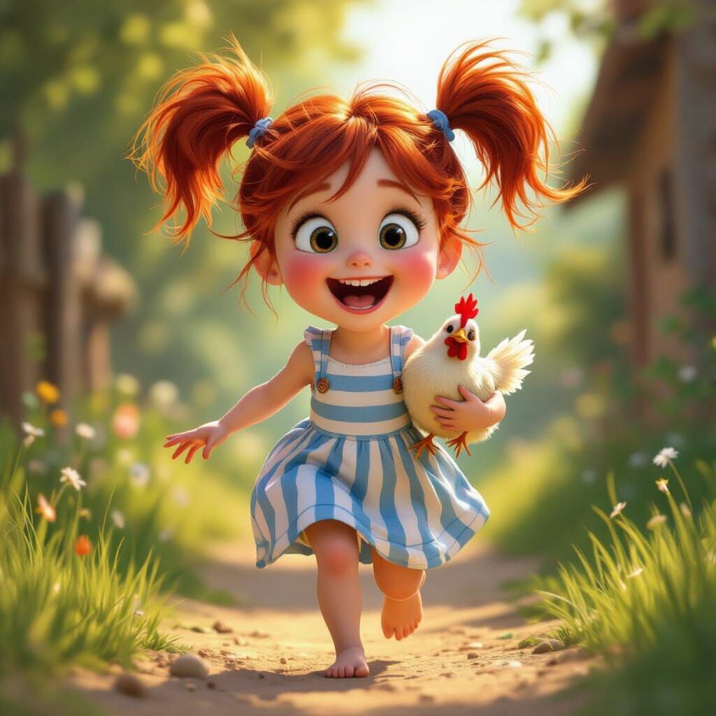 Joyful Girl Laughs While Running With Pet Chicken in Pixar S...