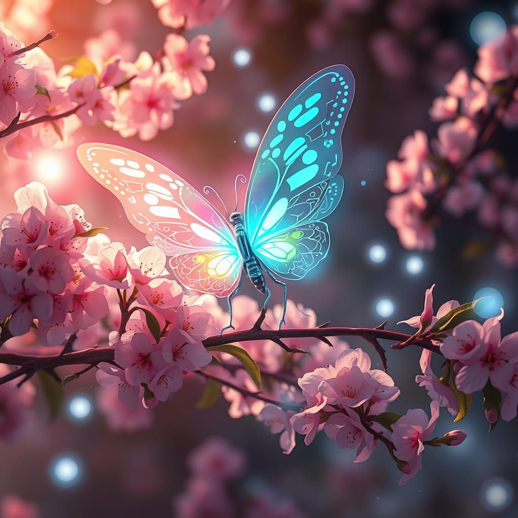 Ethereal Bioluminescent Mecha Butterfly in Whimsical Cyberpu...