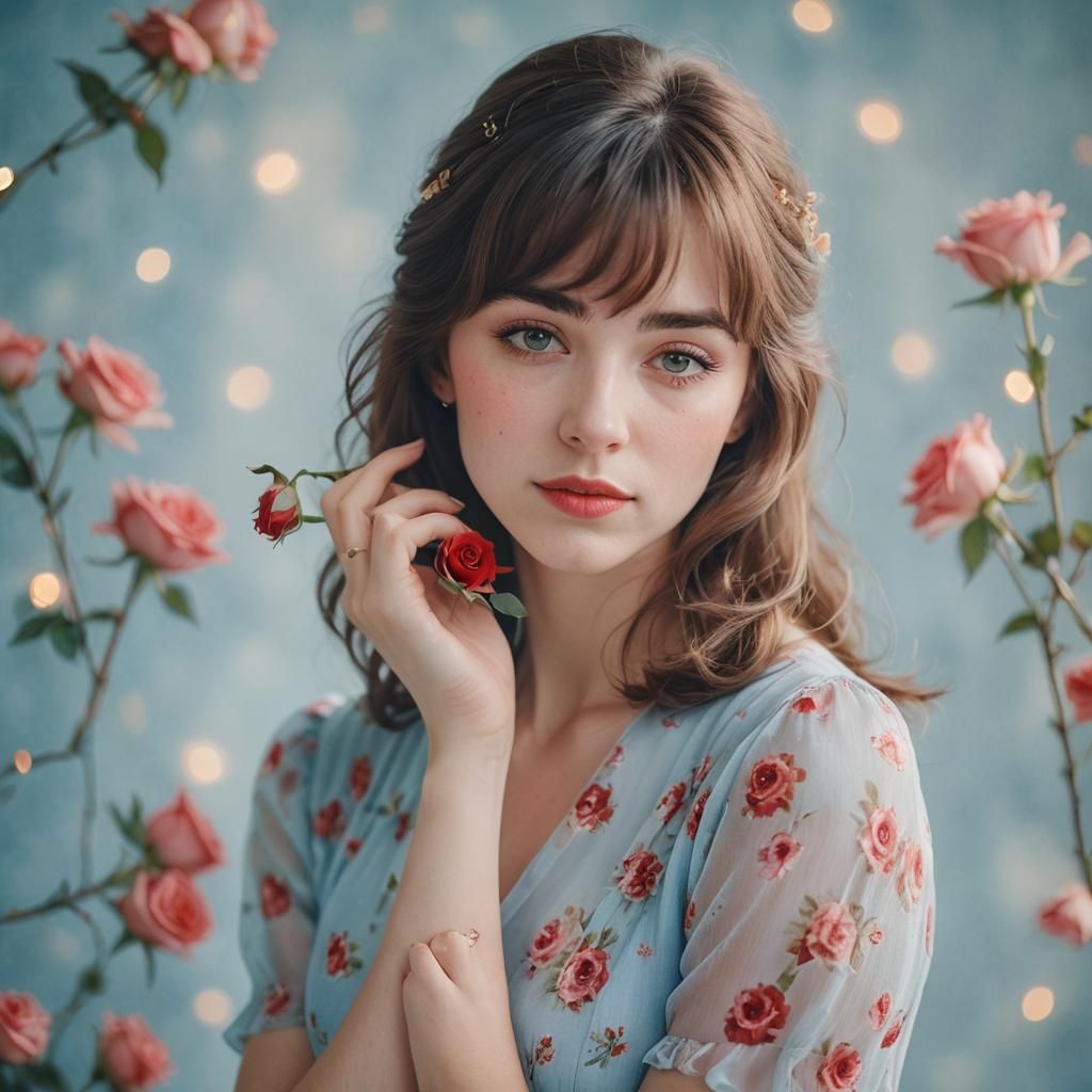 Romantic Portrait of Woman with Rose in Watercolor Style