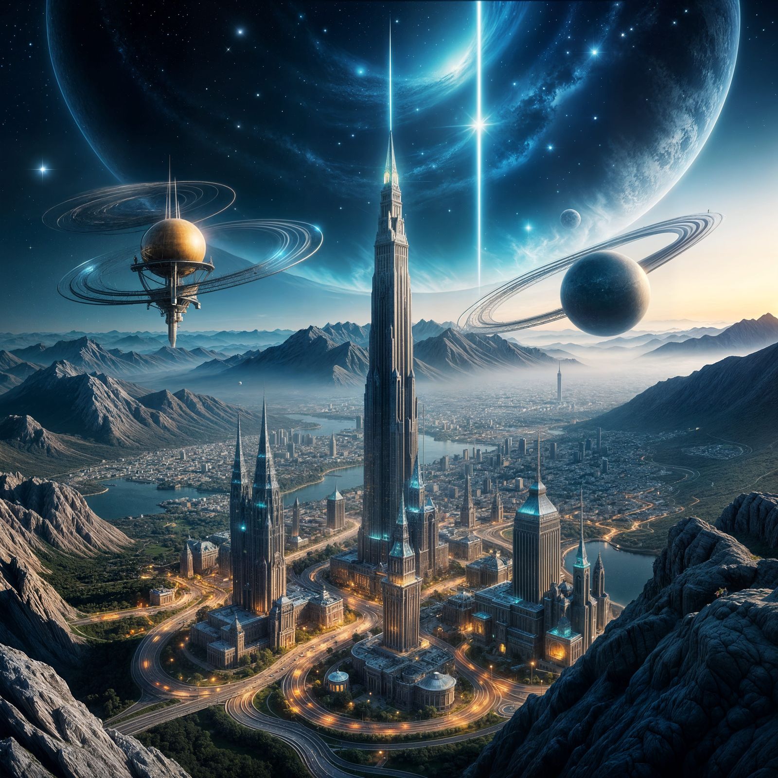 Futuristic City in a Starry Landscape, Hyperrealism