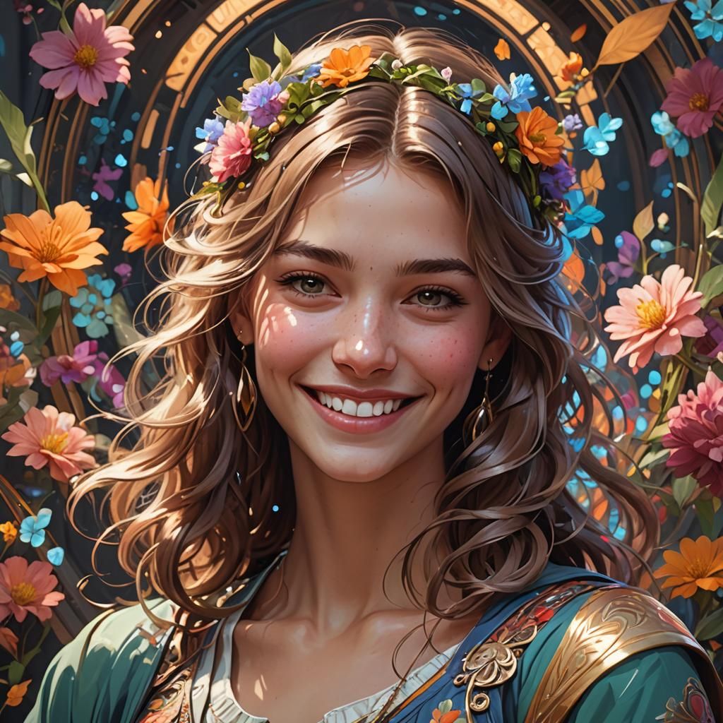 Radiant Teenage Girl Portrait in Art Nouveau Style