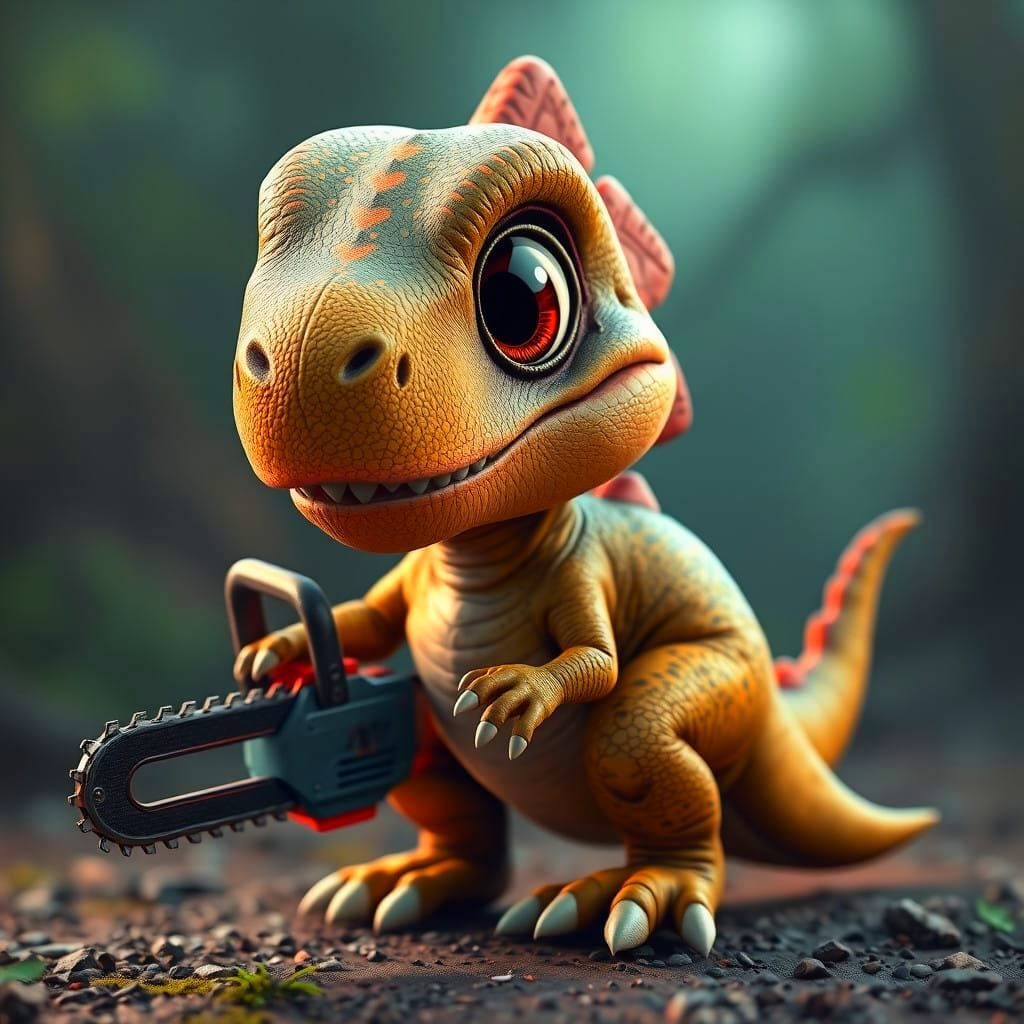 Adorable Baby T-Rex Wields Chainsaw in Vibrant Fantasy Scene