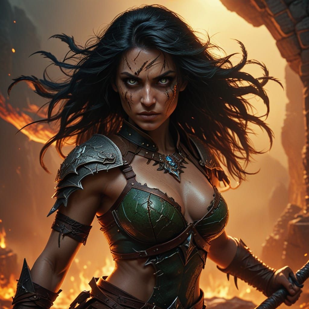 Ethereal Barbarian Warrior with Radiant Blue-Green Eyes