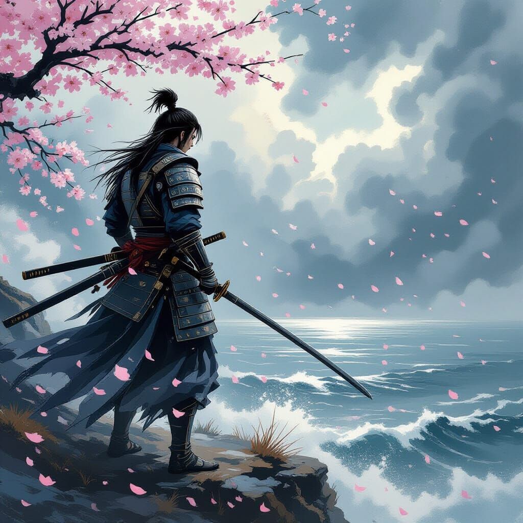 Samurai Warrior on Cliff Overlooking Stormy Sea