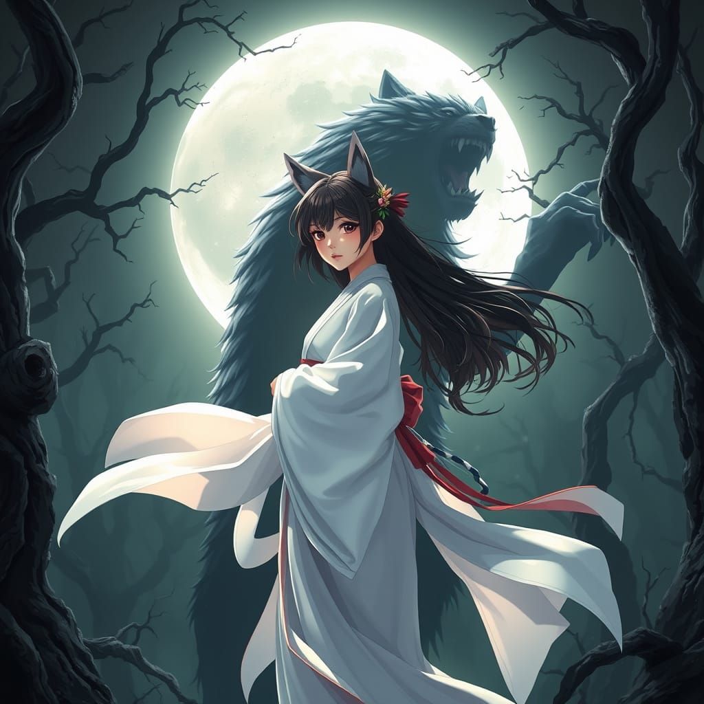Anime Girl Transforms into Werewolf in Dark Forest