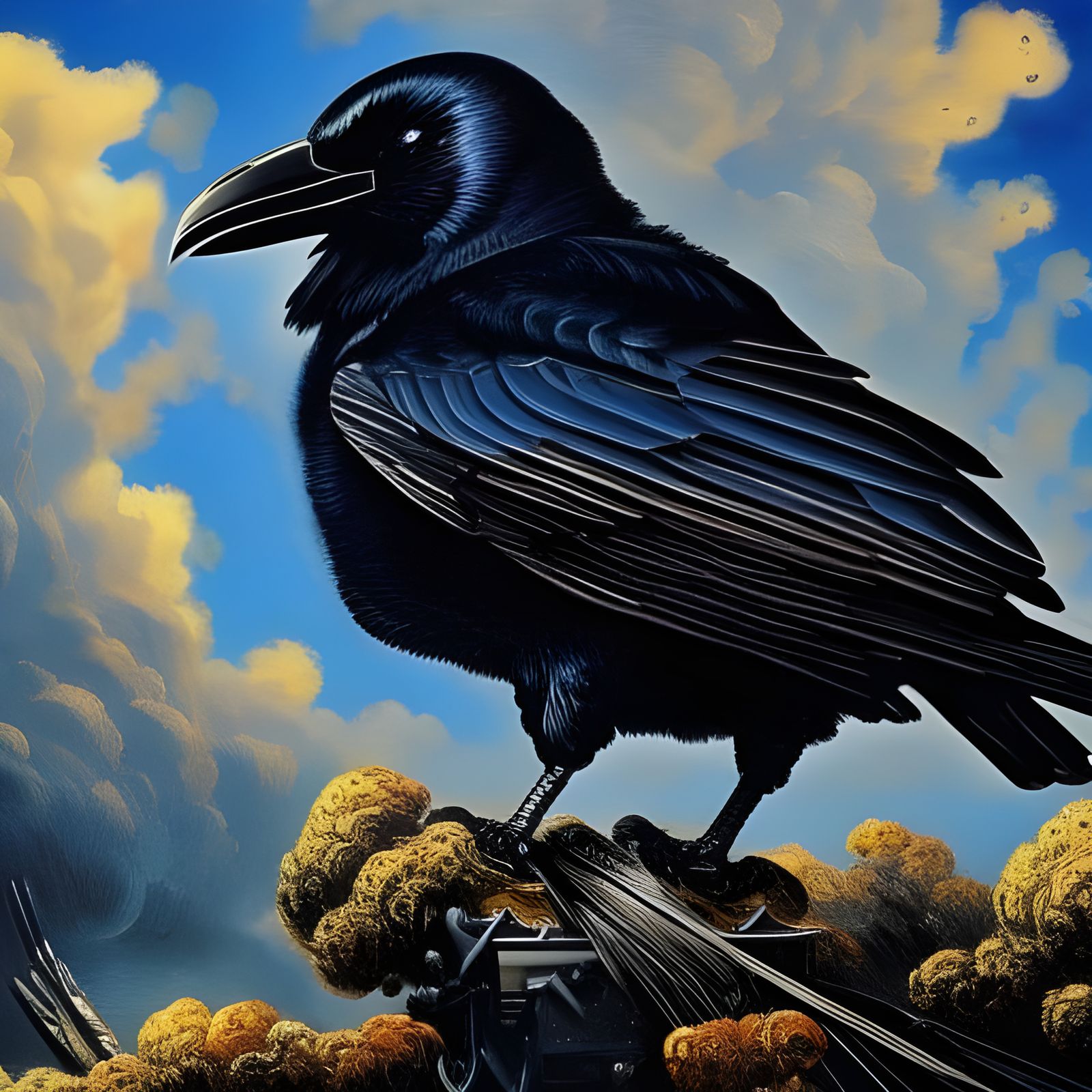 Steampunk Raven in Flight, Impasto Style