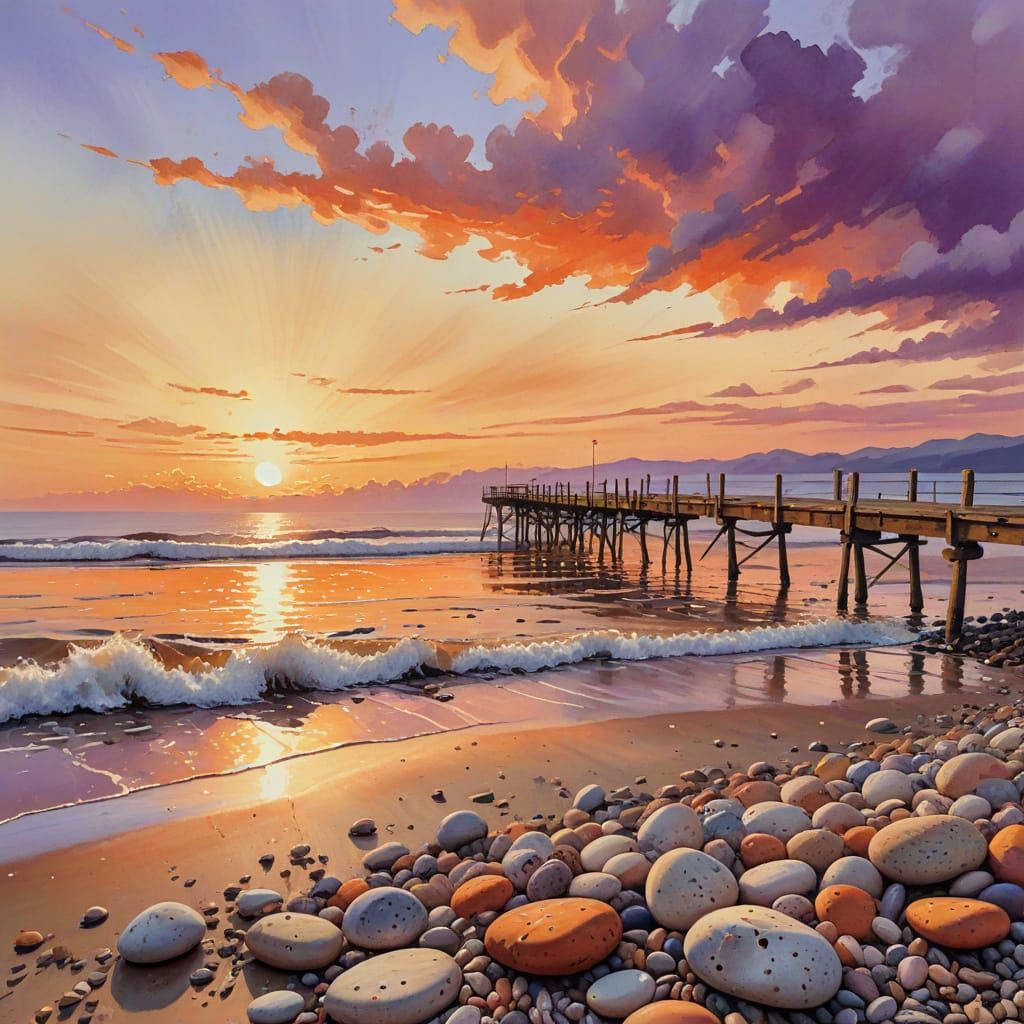 Impressionist Watercolour Sunset on Abandoned Beach