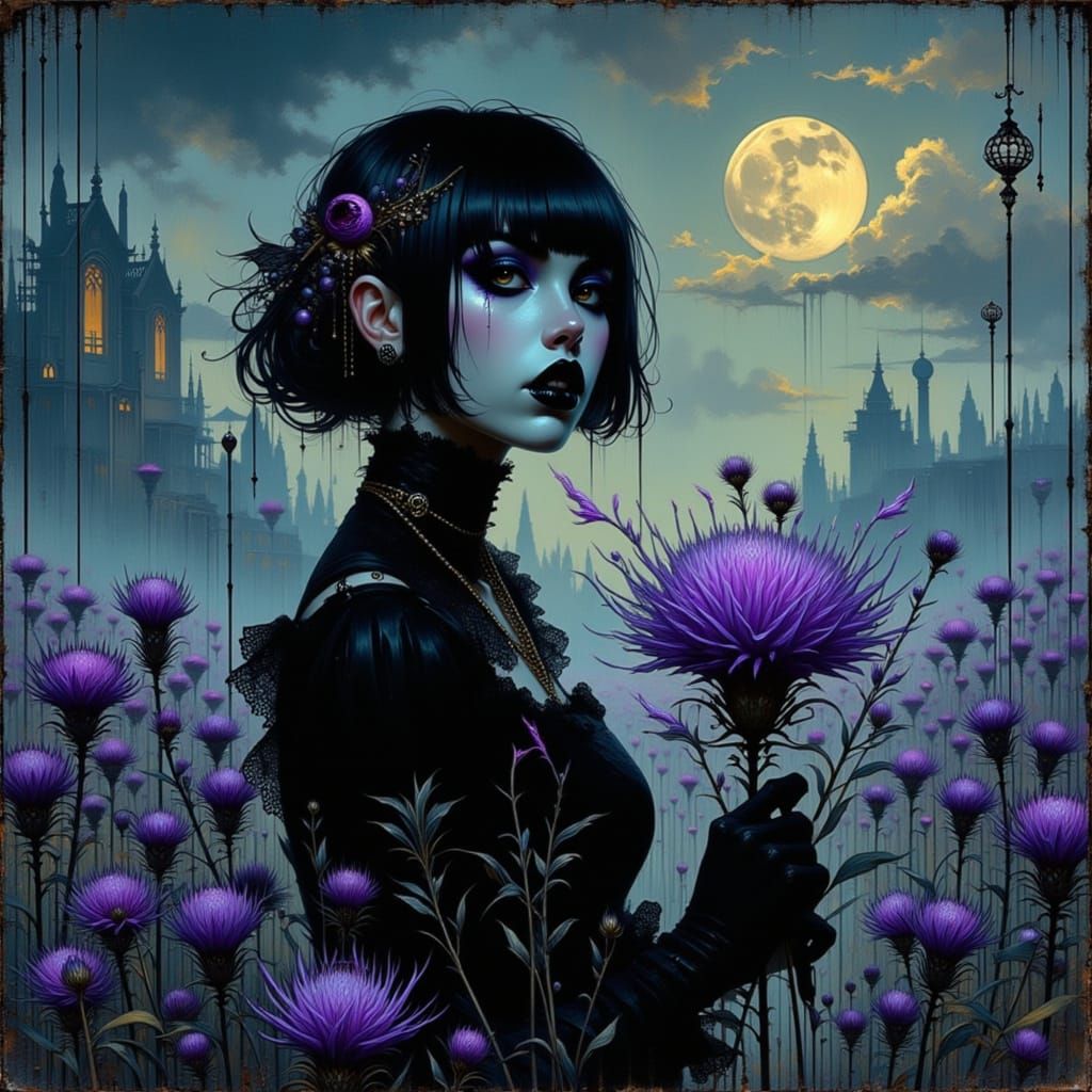 Gothic Woman with Thistles in Moonlit Landscape