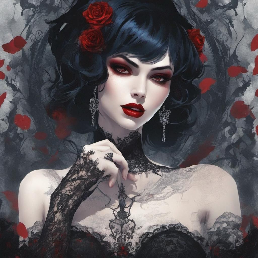 Gothic Woman with Roses in Dark Art Style
