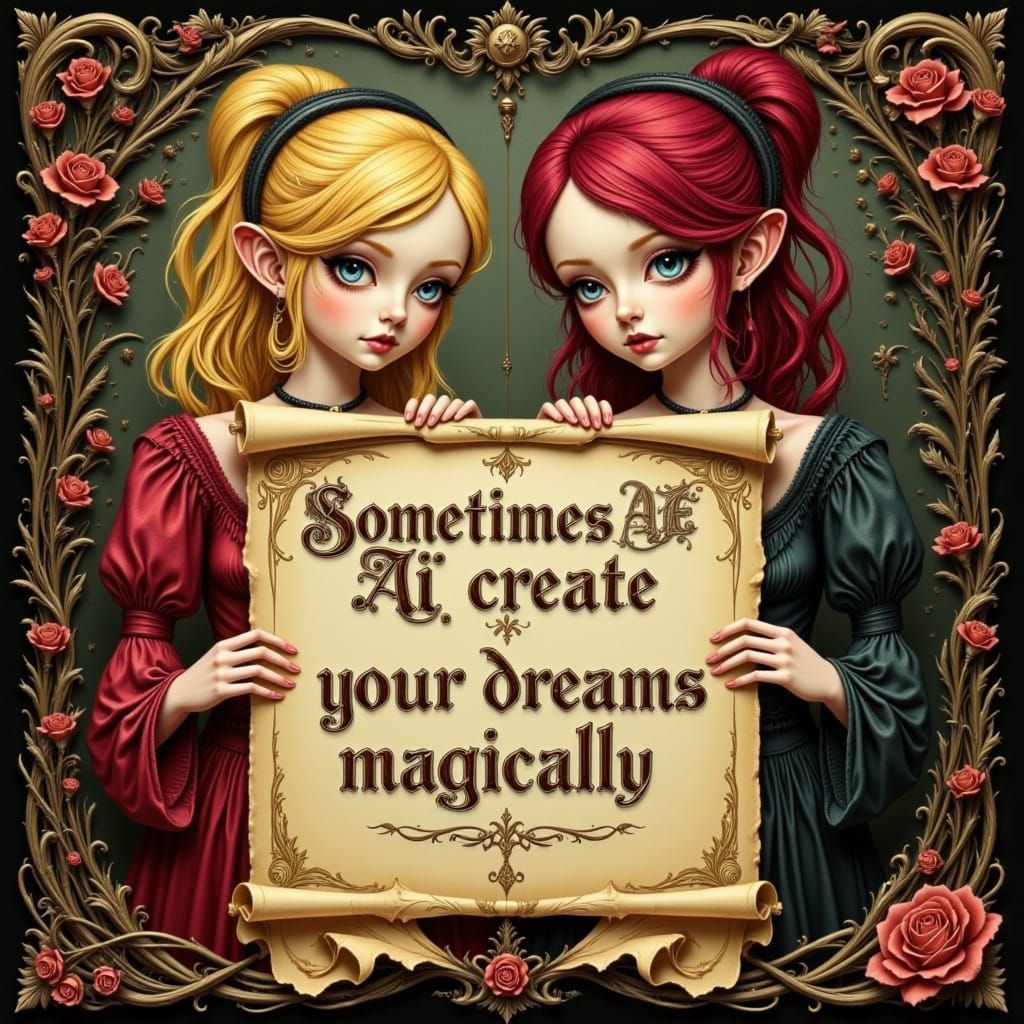 Gothic Lettering Vintage Poster with Maidens in Oil Painting...