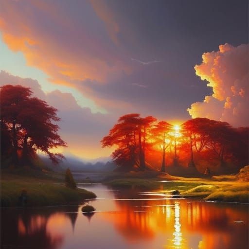 Picturesque Village Sunset in Oil Painting Style