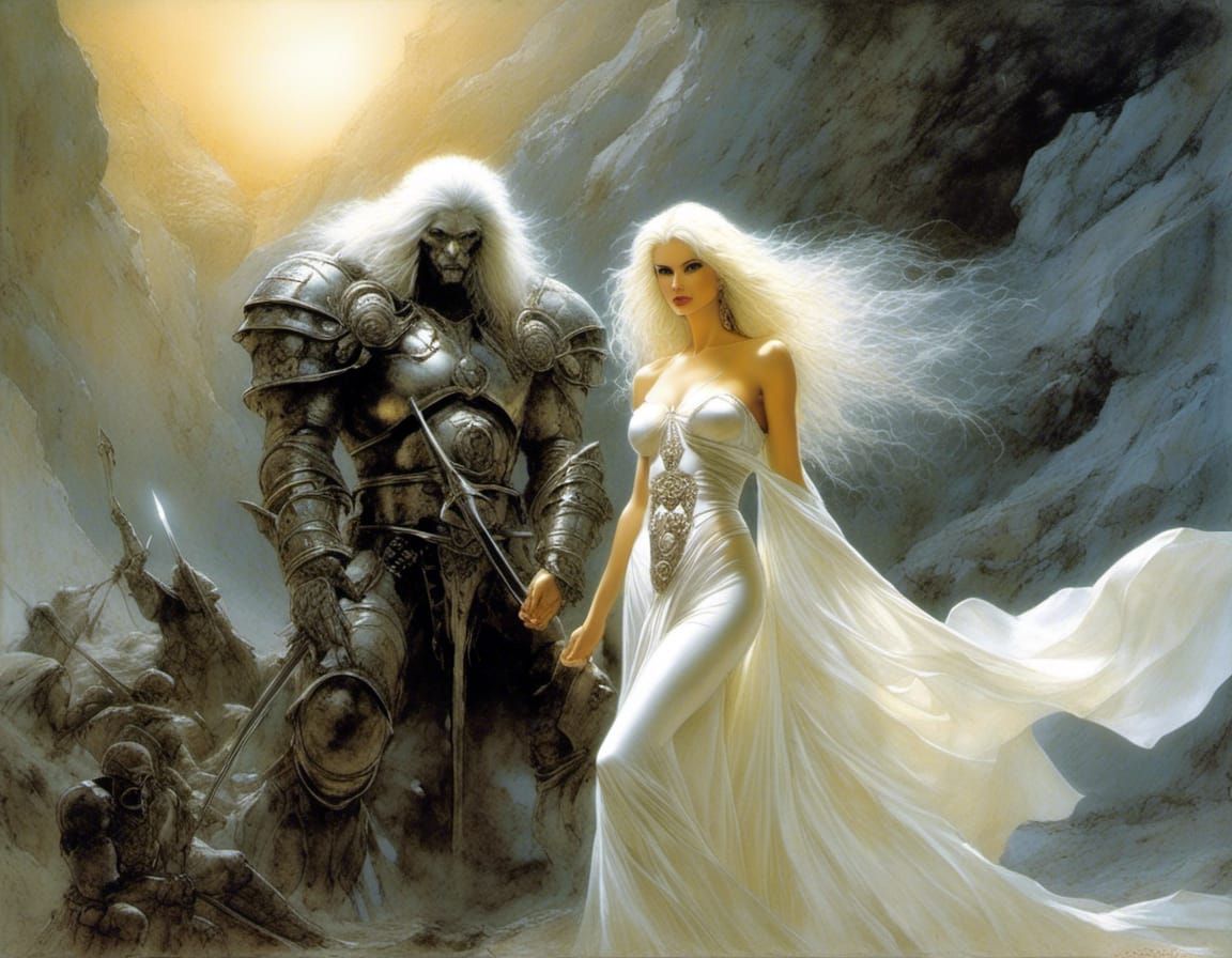 Ethereal Woman and Armored Troll Illustration