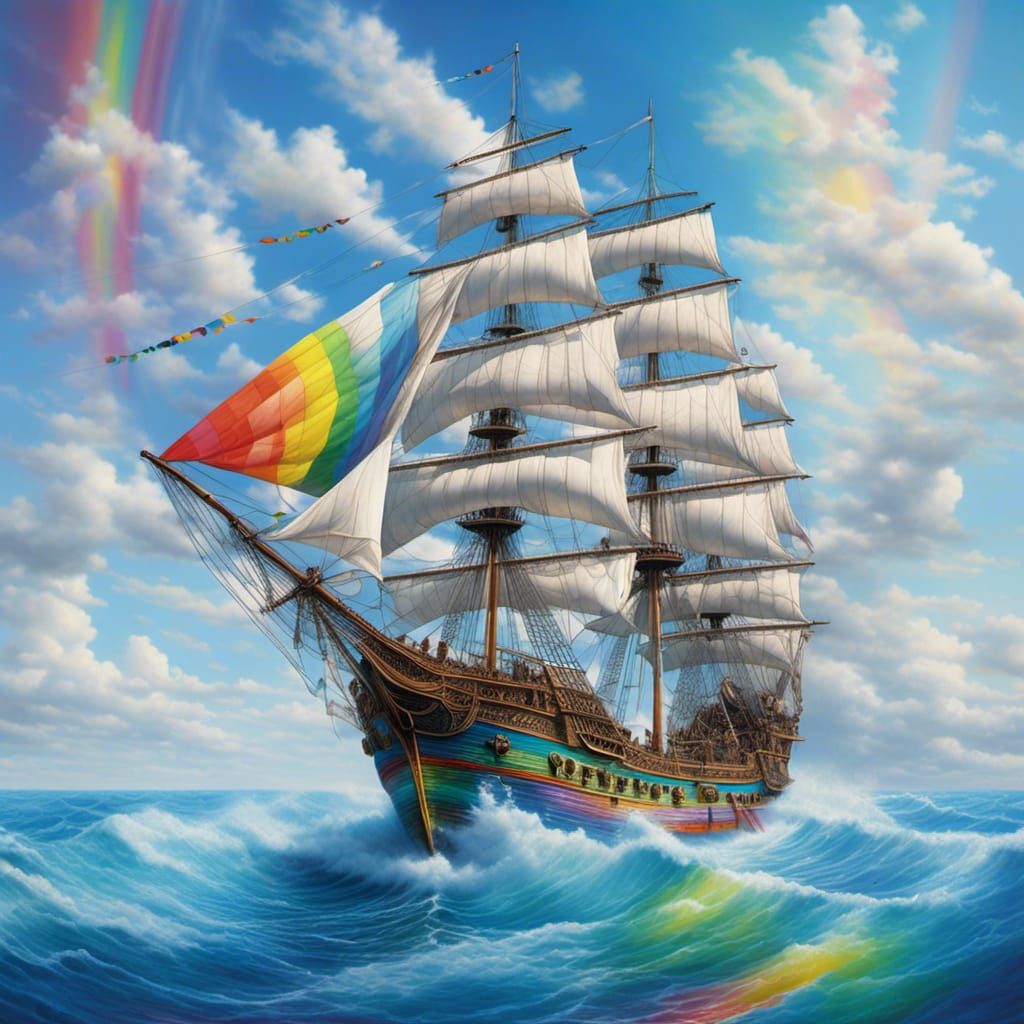 Majestic Ship with Rainbow Sails in Photorealistic Style