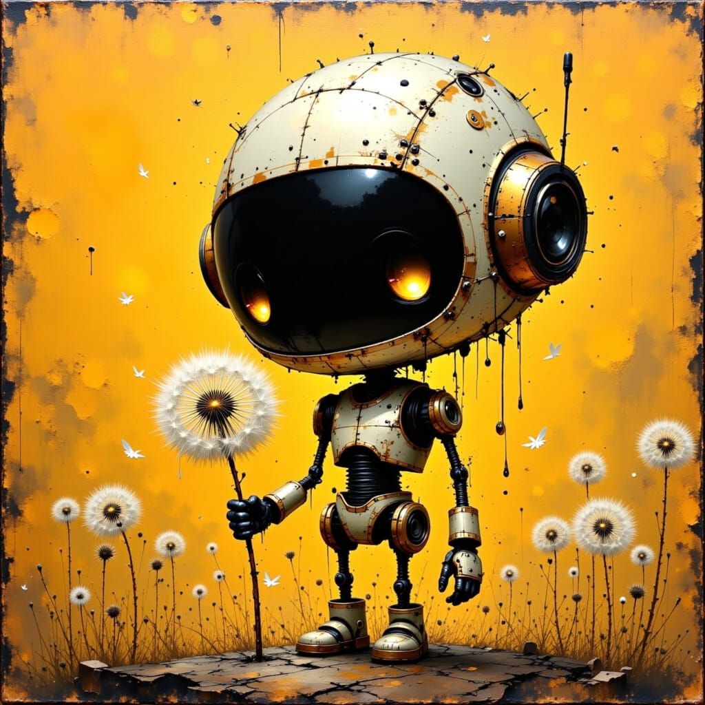 Steampunk Robot Gently Holds Dandelion: Impasto Oil
