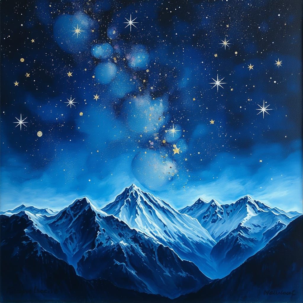 Magical Starry Night Over Snow Mountain: Impasto Oil