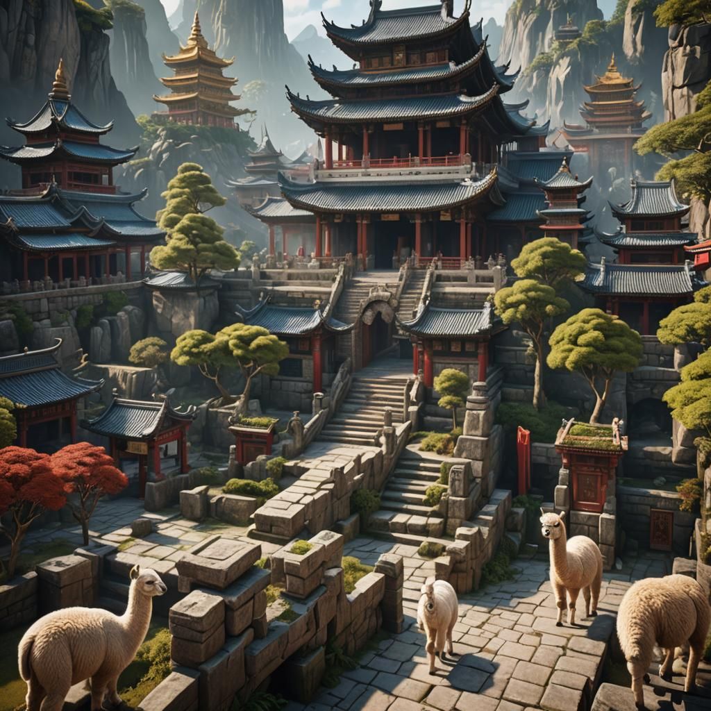 Alpaca's Medieval Temple Journey: A Matte Painting