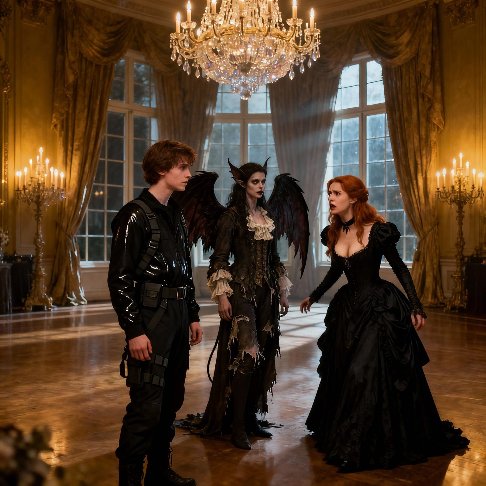 Gothic Mansion Ballroom Scene with Vampire and Dark Fey