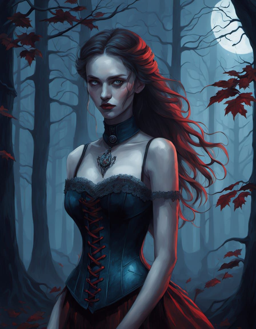 Midnight Forest Siren in Dark Red Corset
