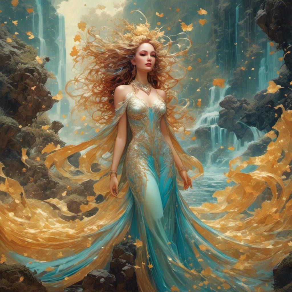 Mystic Sirens by a Waterfall: Watercolor Art