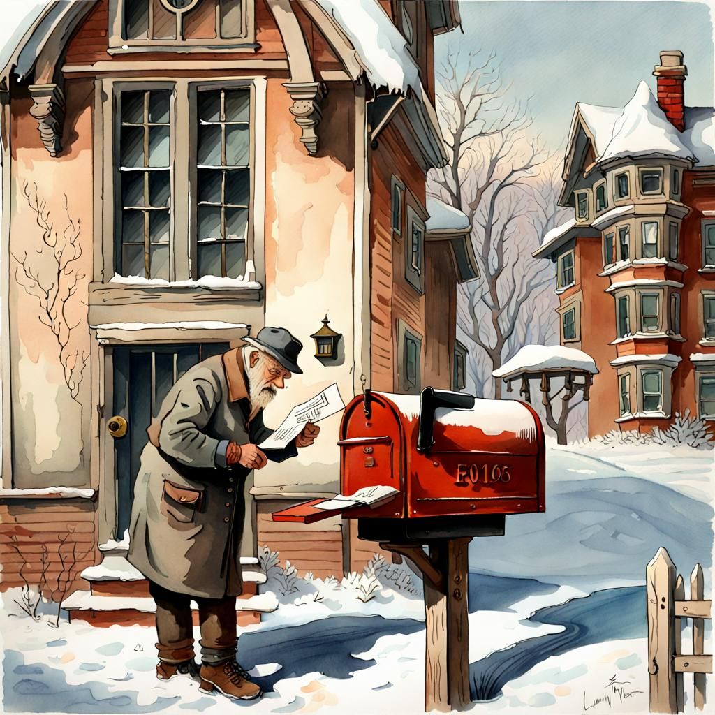 Victorian Winter: Old Man and Mailbox in Gouache Watercolor