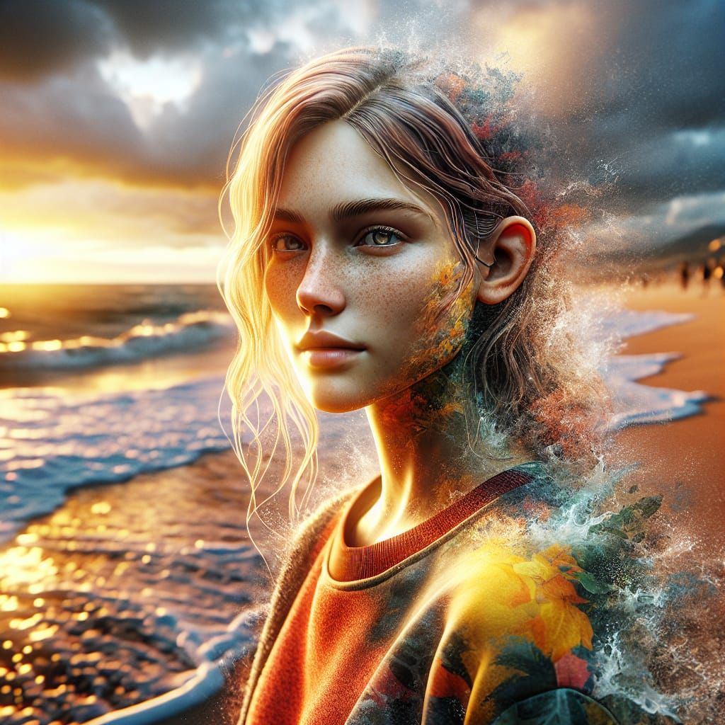 Blonde Girl on Beach at Sunrise: Hyperrealistic Splash Art