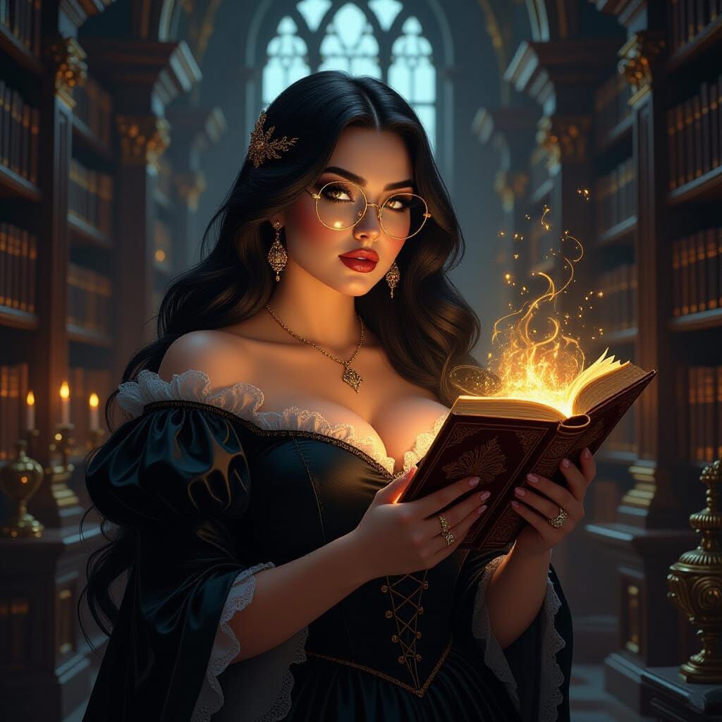 Mysterious Librarian in a Grand Library, Oil Painted Realism