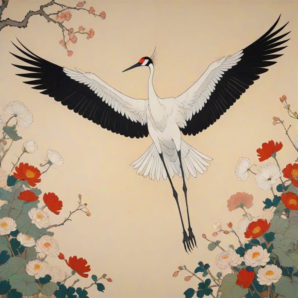 Ethereal Crane Soars Amidst Whimsical Floral Patterns