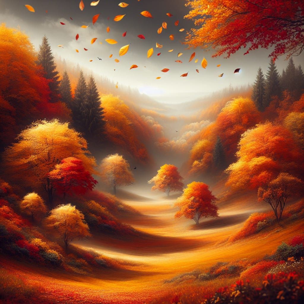 Autumn Landscape with Golden and Crimson Leaves