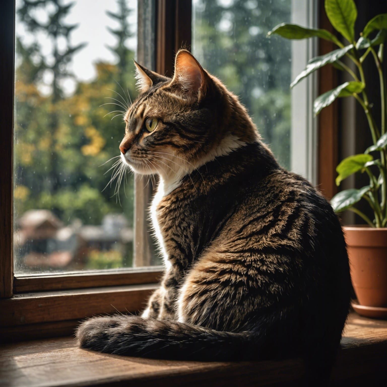 Hyperrealistic Cat Watching Birds Outside Window