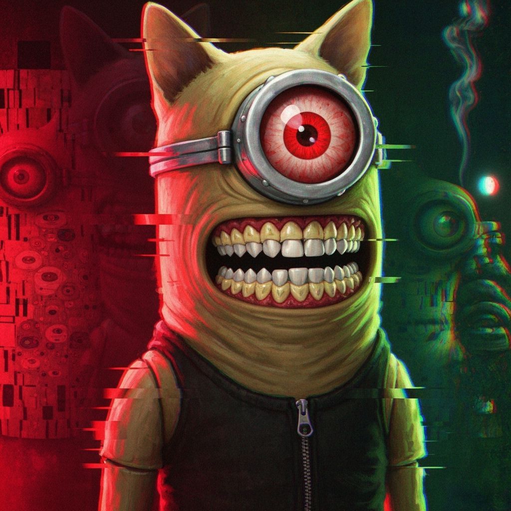 Glitch Art Minion Smoker in Ornate Cyberpunk Style